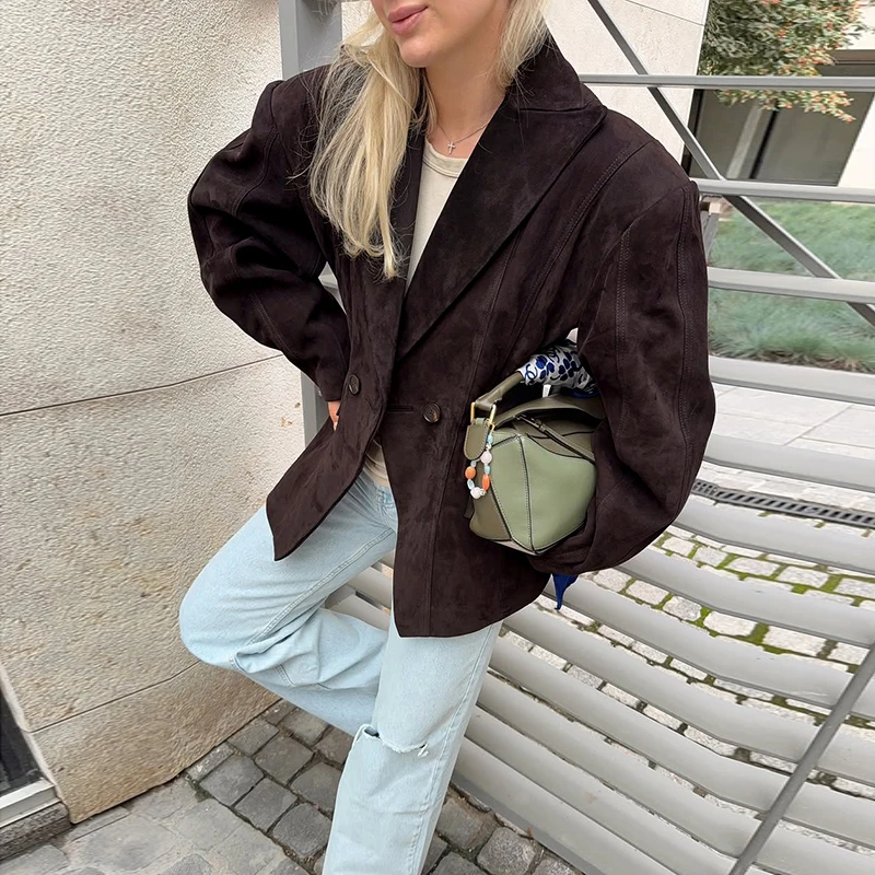 Wildleder Safari Stil Kurze Bomber Jacken Frauen Mode Stehen Kragen Epaulet Elastische Saum Taste Lose Mäntel Chic Damen Outer – Detail 7