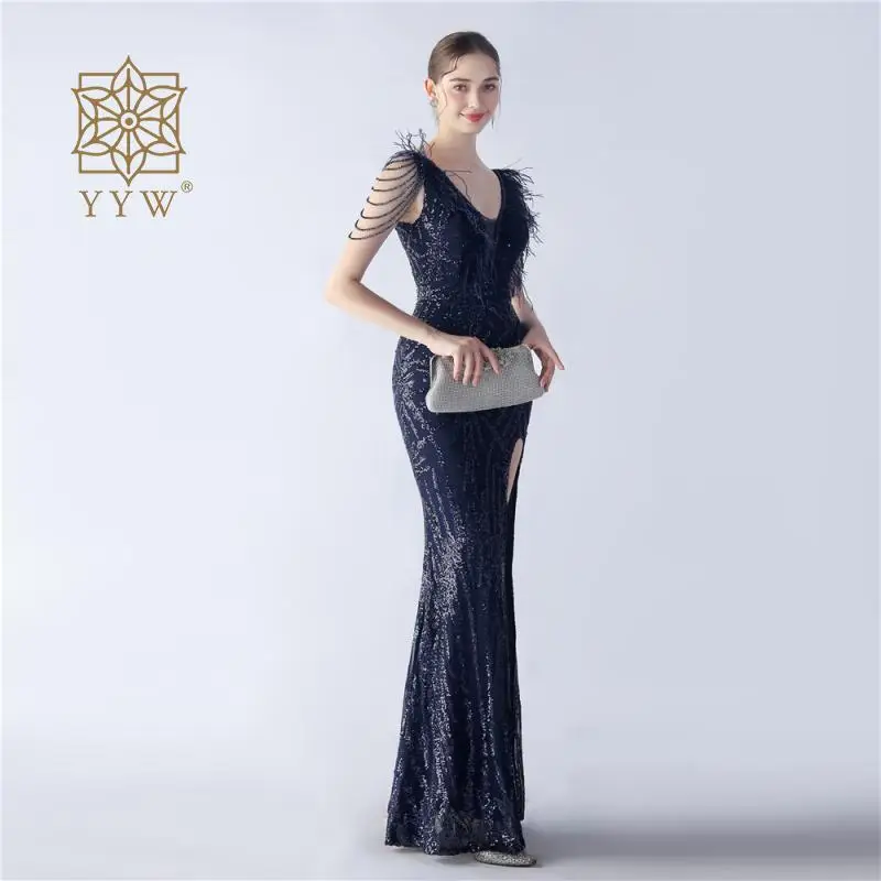 Beading Deep V Women Mermaid Dress Glitter Sleeveless Luxury Long Dress Formal Occasion Ladies Maxi Slim Prom Gowns Gala Vestido