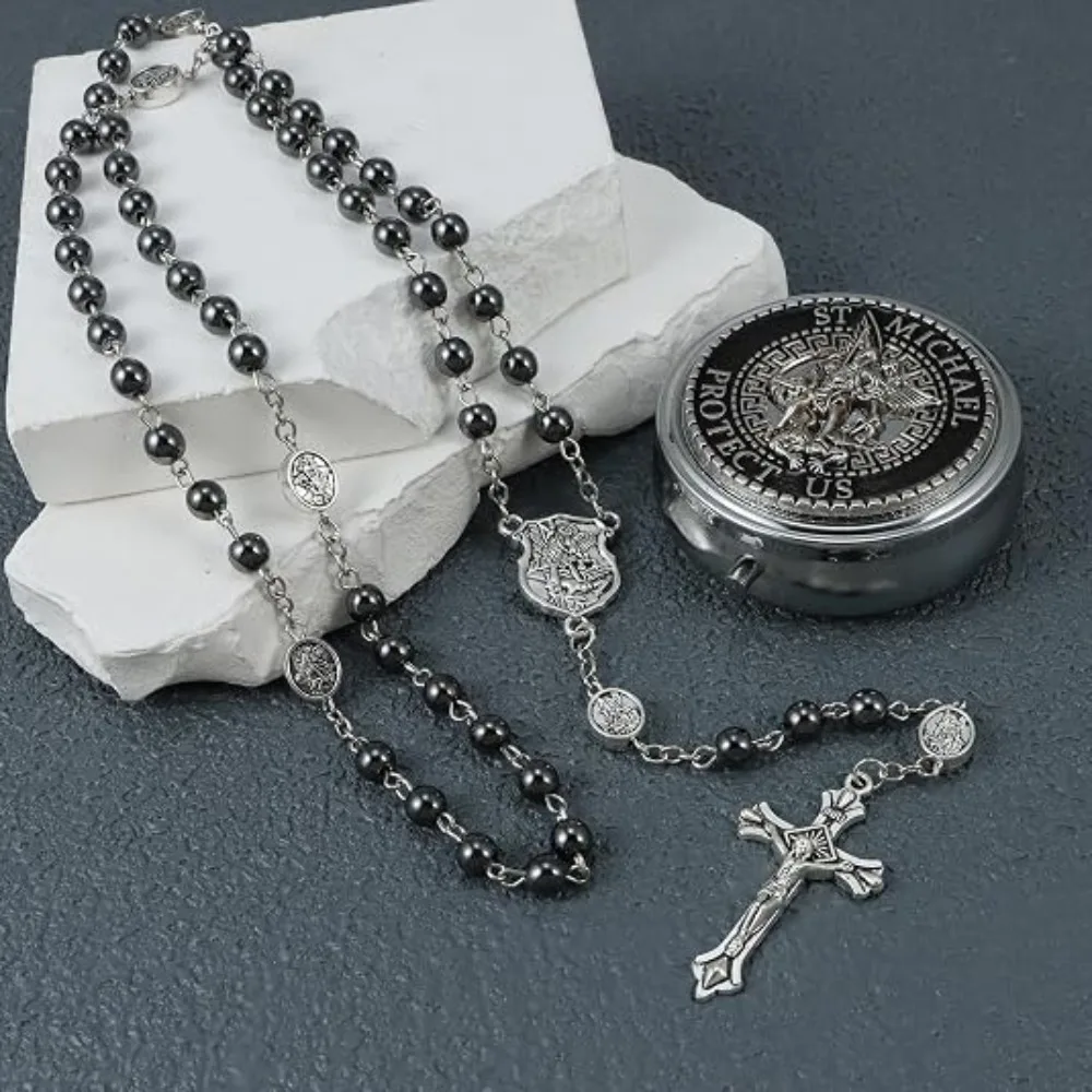 1 à 5 Ensembles de Colliers Chapelet Croix Saint-Michel en Hématite avec Boîte Cadeau Métallique, Chaîne de Prière Unisexe pour Pull, Souvenir Religieux pour Baptême et Église