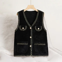 Glittery Contrast Trim Knit Vest with Pocket Pearl Button Brush Sleeveless Cardigan Sweater Women Fall Winter Classic Outfit