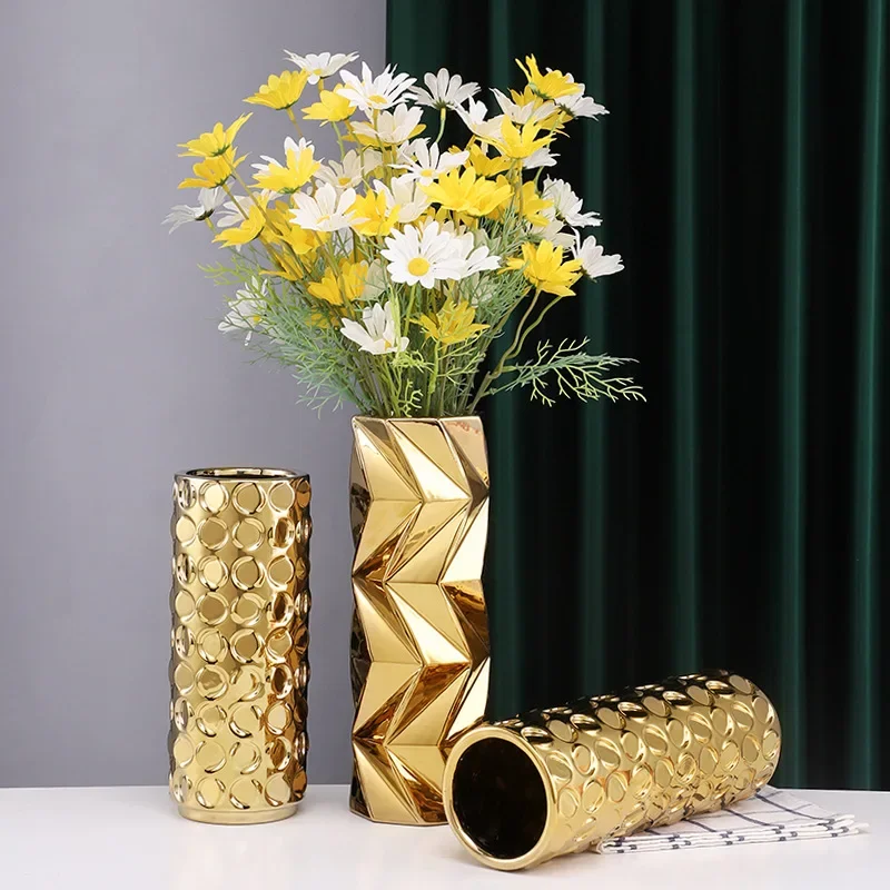 Gold Ceramic Vase Geometric Section Hydroponic Flower Apparatus Floral Arrangement Accessories Terrarium Home Decoration