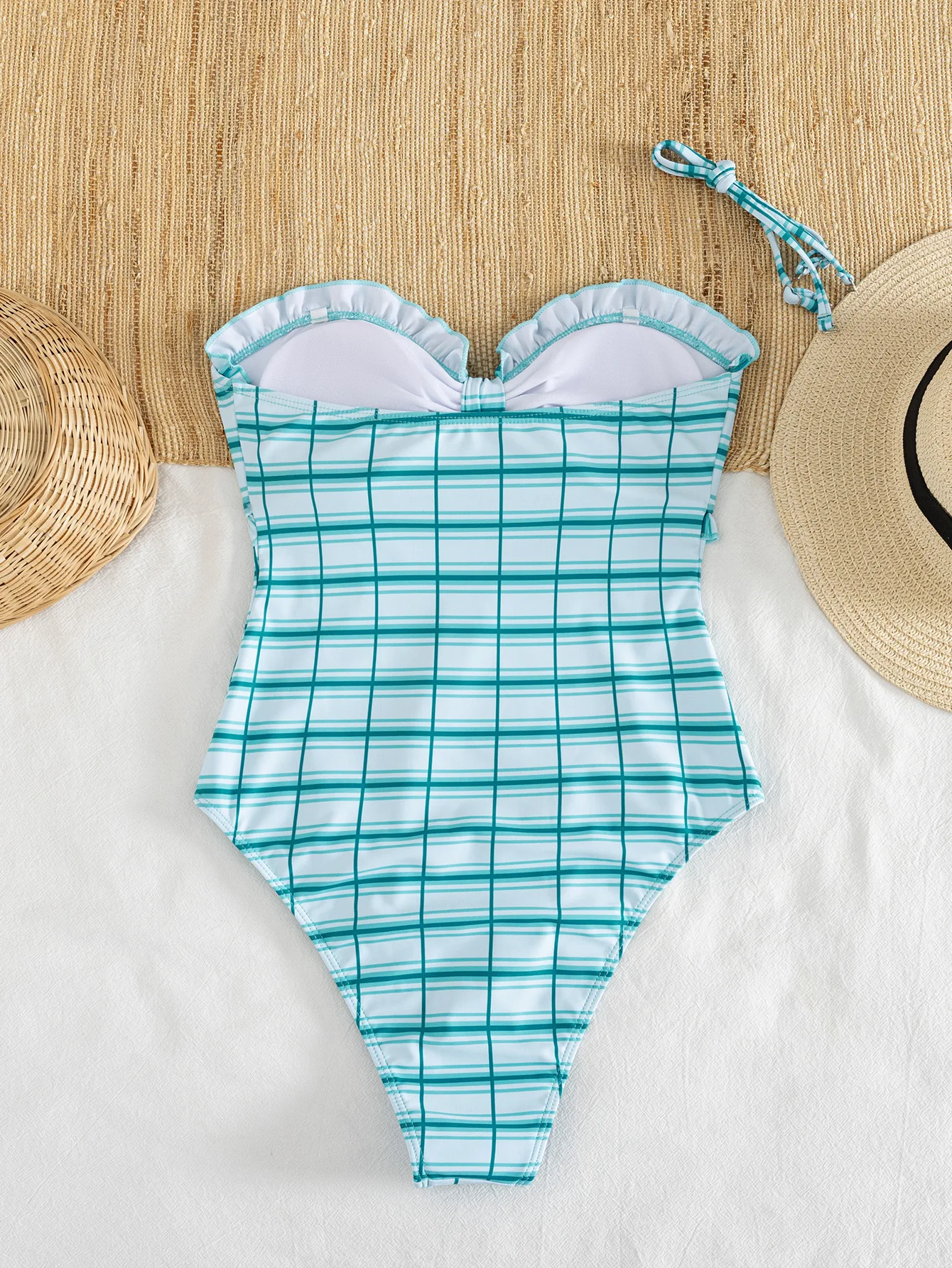 sexy green ruffles plaid front tie swimsuits one piece bodysuits swimwear bikinis bathing suit swimwear biquini tankini trikini
