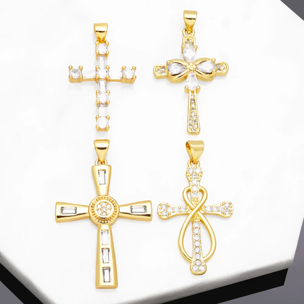 OCESRIO Trendy Big Crystal Cross Pendant for Necklace Copper Gold Plated Infinite Crucifix Jewelry Making Component pdtb097