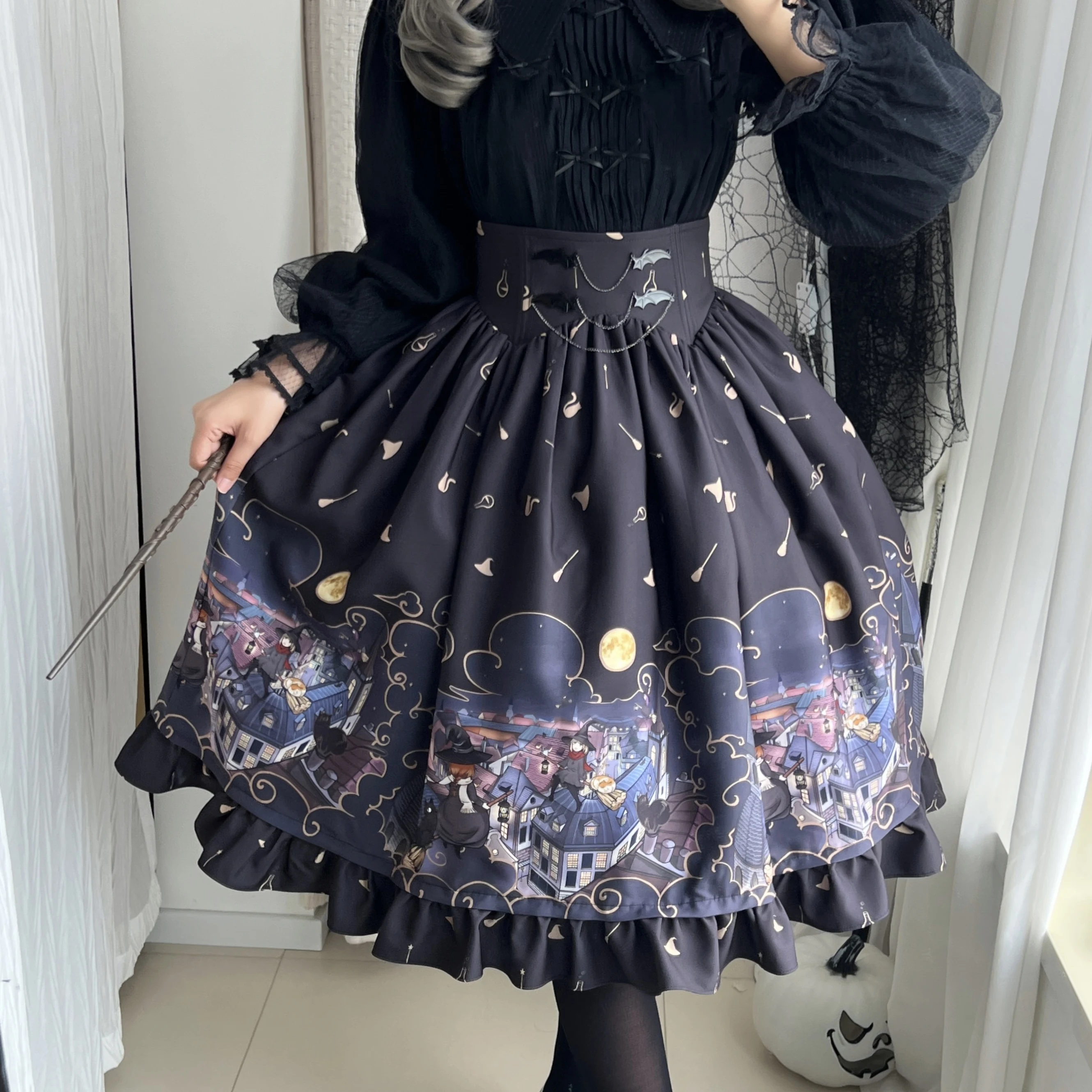 

Оригинальная юбка Witch Night SK f с принтом, юбка Лолиты, трапециевидной формы со средней талией, хлопок 00% милая юбка-миди для женщин