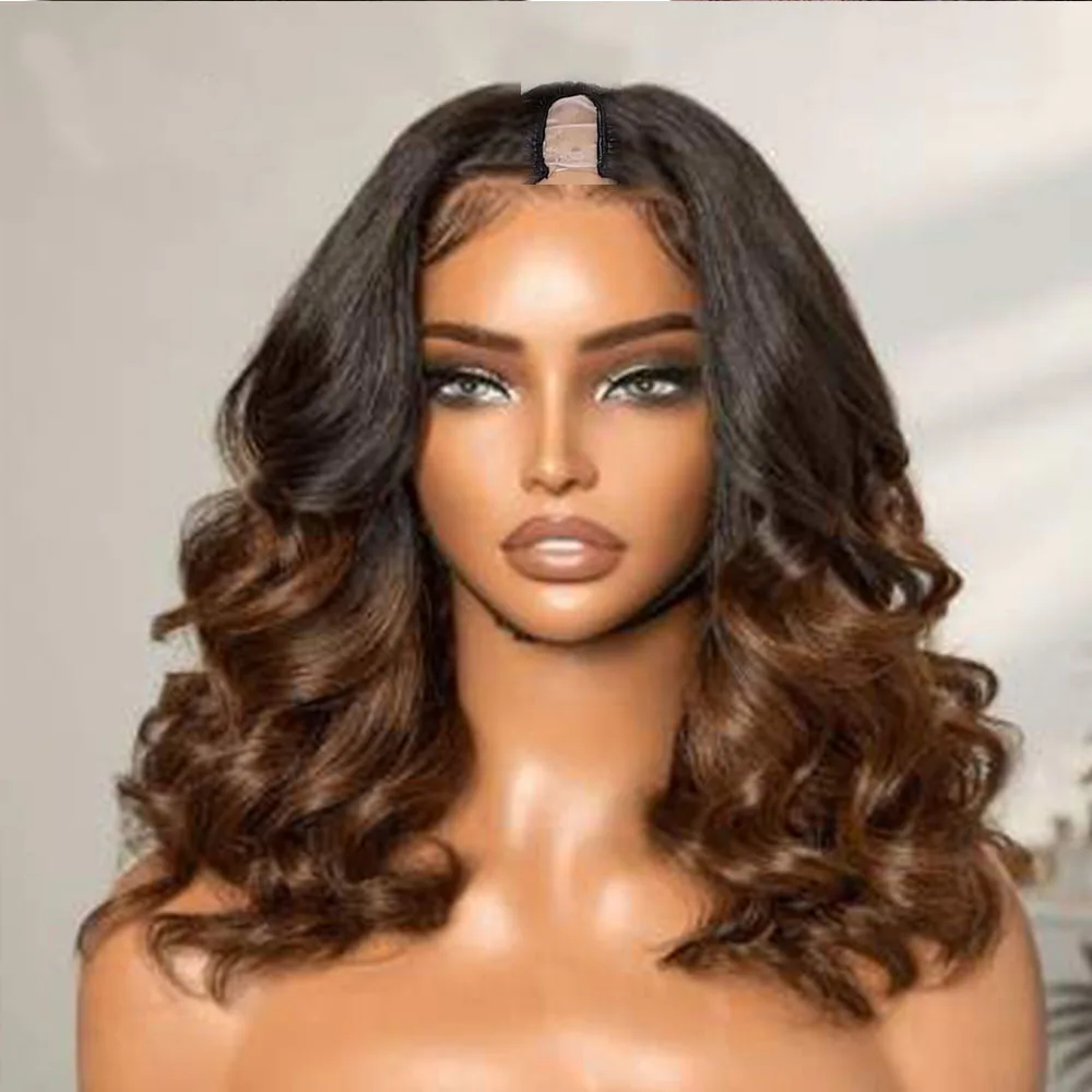 Ombre Auburn Braun 100% Echthaar Body Wave U-förmige Unverarbeitete Vollperücken mit 200% Dichte für Schwarze Frauen V-Teil Perücken für den Alltag – Detail 1