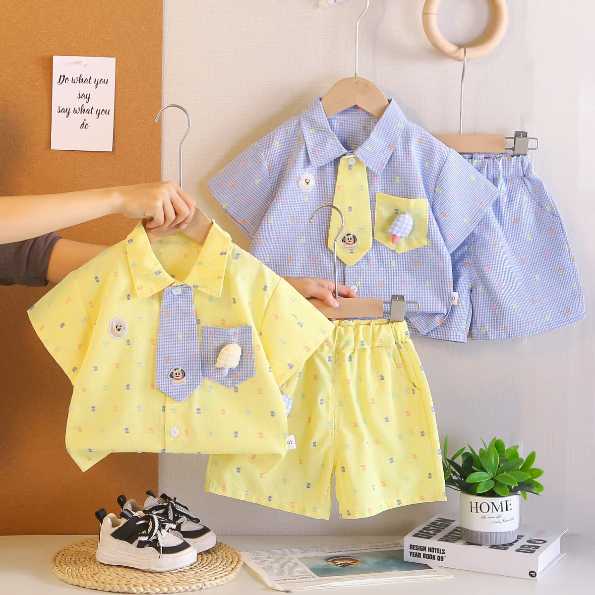 

2026 Summer Baby Boy 2PCS Outfit Cartoon Print Short Sleeve Shirt & Shorts Set with Tie for Kids Casual Birthday Party