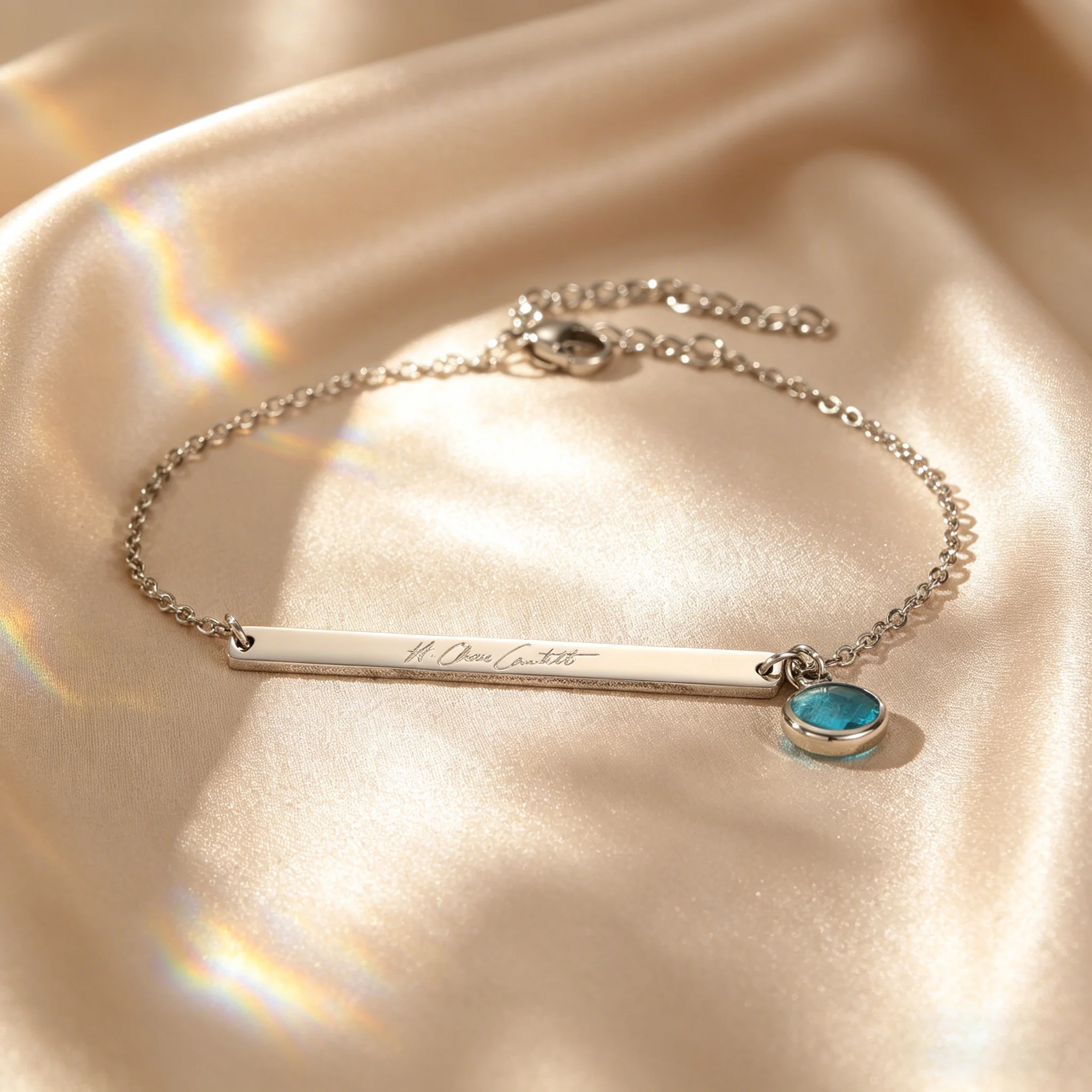 Narrow Rectangular Bar Bracelet with Side-Set Birthstone Charm 18K Gold Plated Stainless Steel Custom Engravable Minimalist Gift
