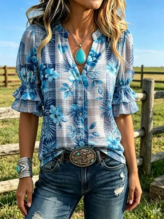 Women Plaid Floral Blouse Notched V‑Neck Button Front Double‑Layer Ruffle 3/4 Sleeve Cowgirl Farm Casual Loose Shirt Top view 2