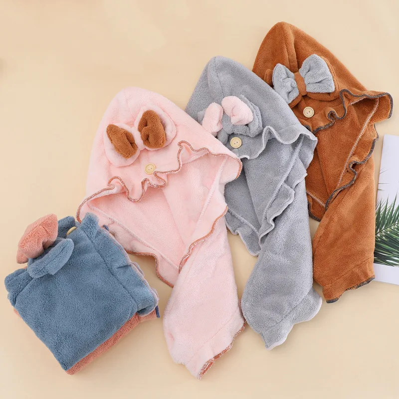 قبعة منشفة شعر بلون سادة من الصوف للمنزل، قبعة تجفيف الشعر بعقدة كرتونية على طراز الأميرة مع حافة من الدانتيل، قبعة حمام عمامة #1