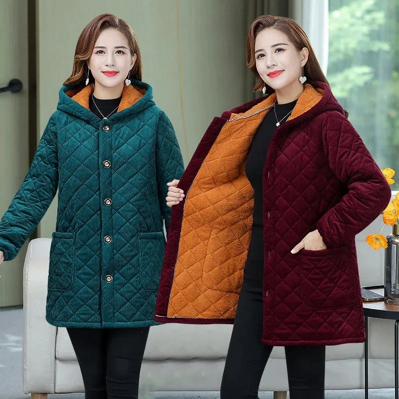 

Winter Coat Middle-aged Mother Corduroy Cotton Hooded Jacket Female Thicken Warm Parkas Overcoat Fashion Slim Women's Long Coats