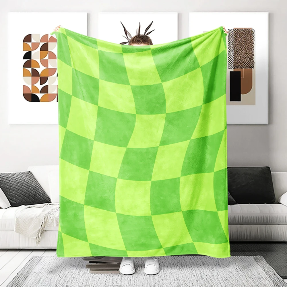 Green Warped Checker 3D Flannel Blanket Perfect For Sofa Office Bed Travel Sleep Read Relax Camping Four Season Use