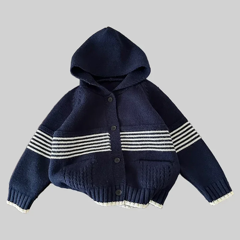 

2-6Y Fashion Cardigan New Autumn Knitted Cardigan Children Baby Girls Boys Knit Hooded Sweater Winter Long Sleeved Leisure Coat