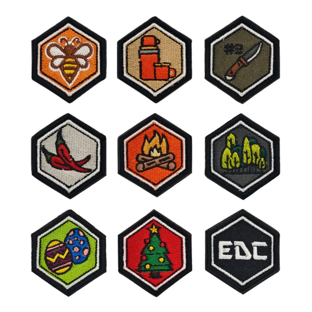 Hexagon Campfire Forest Embroidery Patch Hook and Loop  Diy Backpack Bag Applique for Clothes Repair Accessories Sewing Patches
