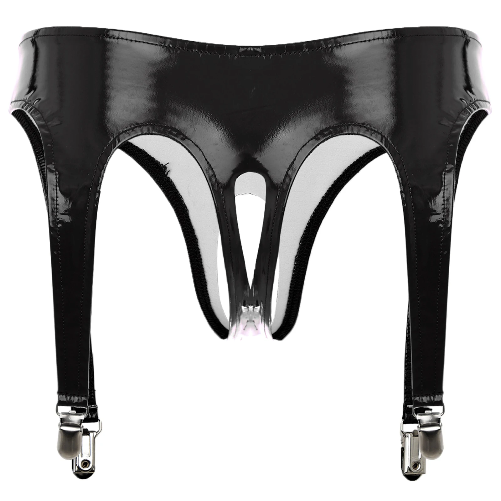 Womens Glossy Wetlook Patent Leather Briefs Underwear with Garter Clips Low Rise Crotchless Thongs Lingerie Clubwear Sleepwear