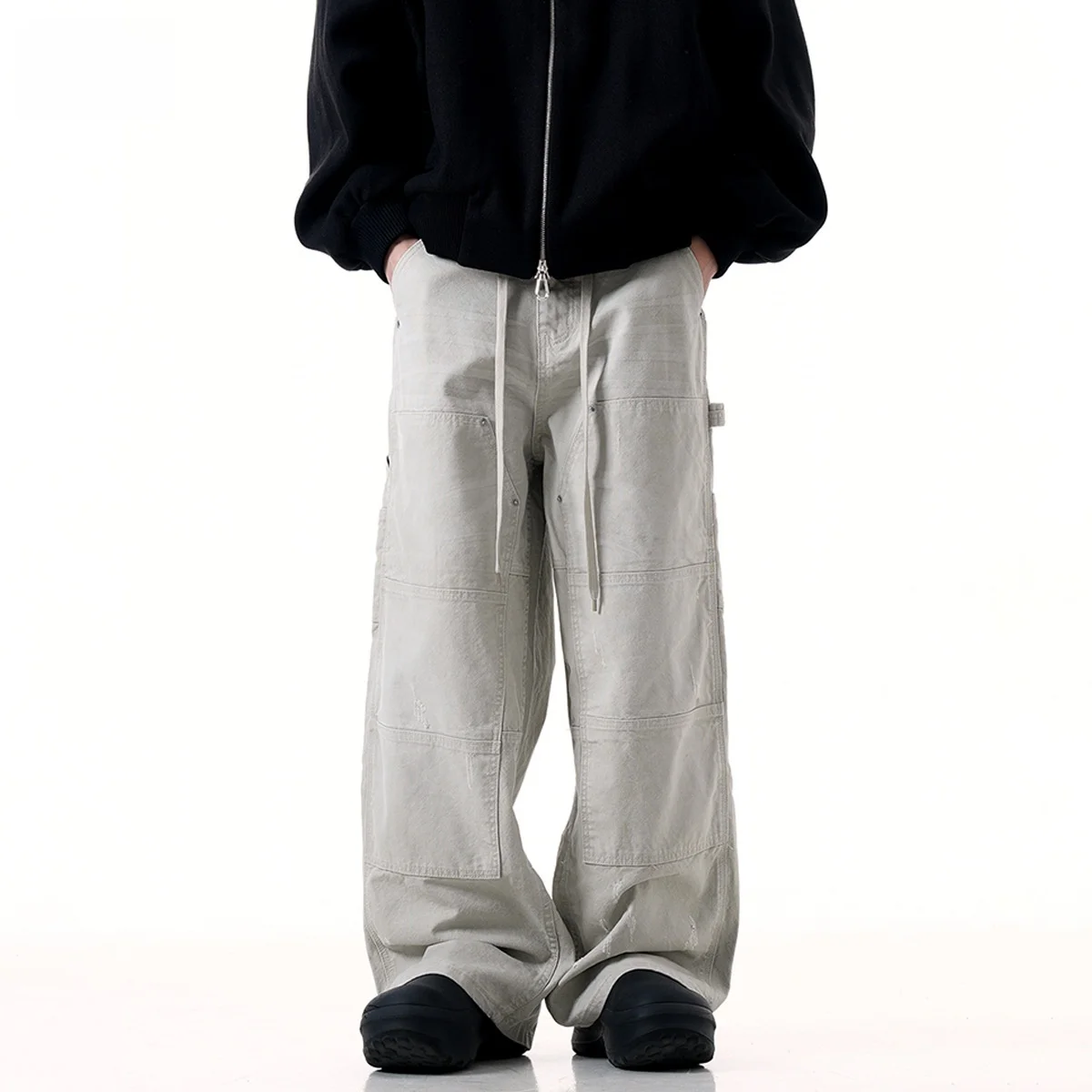 

Мужские рабочие брюки в стиле ретро, американские, прямого кроя, с эффектом потертости, на шнурке, свободные, повседневные, широкие, из хлопка, весенние, модные, городские