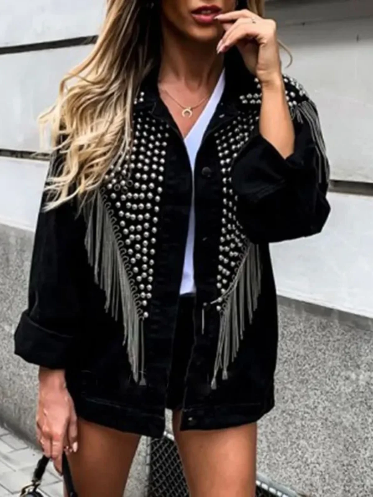 

Tassel Long Sve Loose Denim Jaet Street Sle Oversized Jeans Coat Tagkita Brand Autumn Collection Pure Color Design