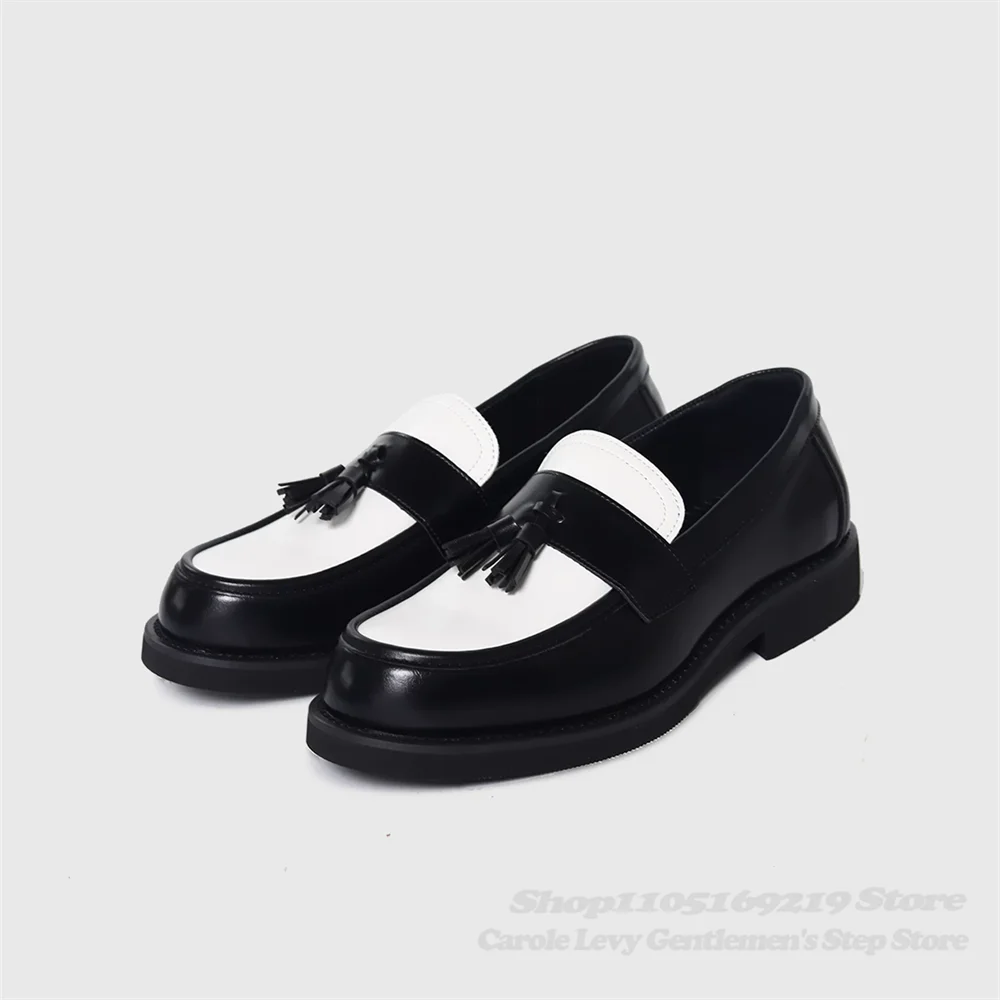 Champagne Color Blocked Flowing Loafers Men's Round Toe Slip On Tassel Decor Casual Commuting Elegant Derby Leather Shoes