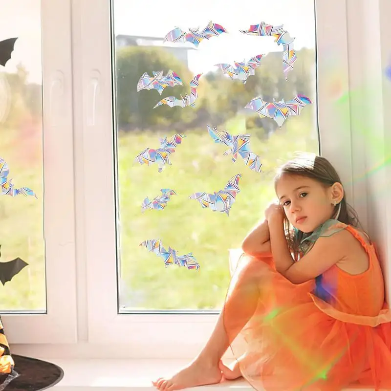 12pcs Halloween Bat Prismatic Window Sticker Halloween Bat Anti Collision Window Sticker Bats Window Decoration Accessories