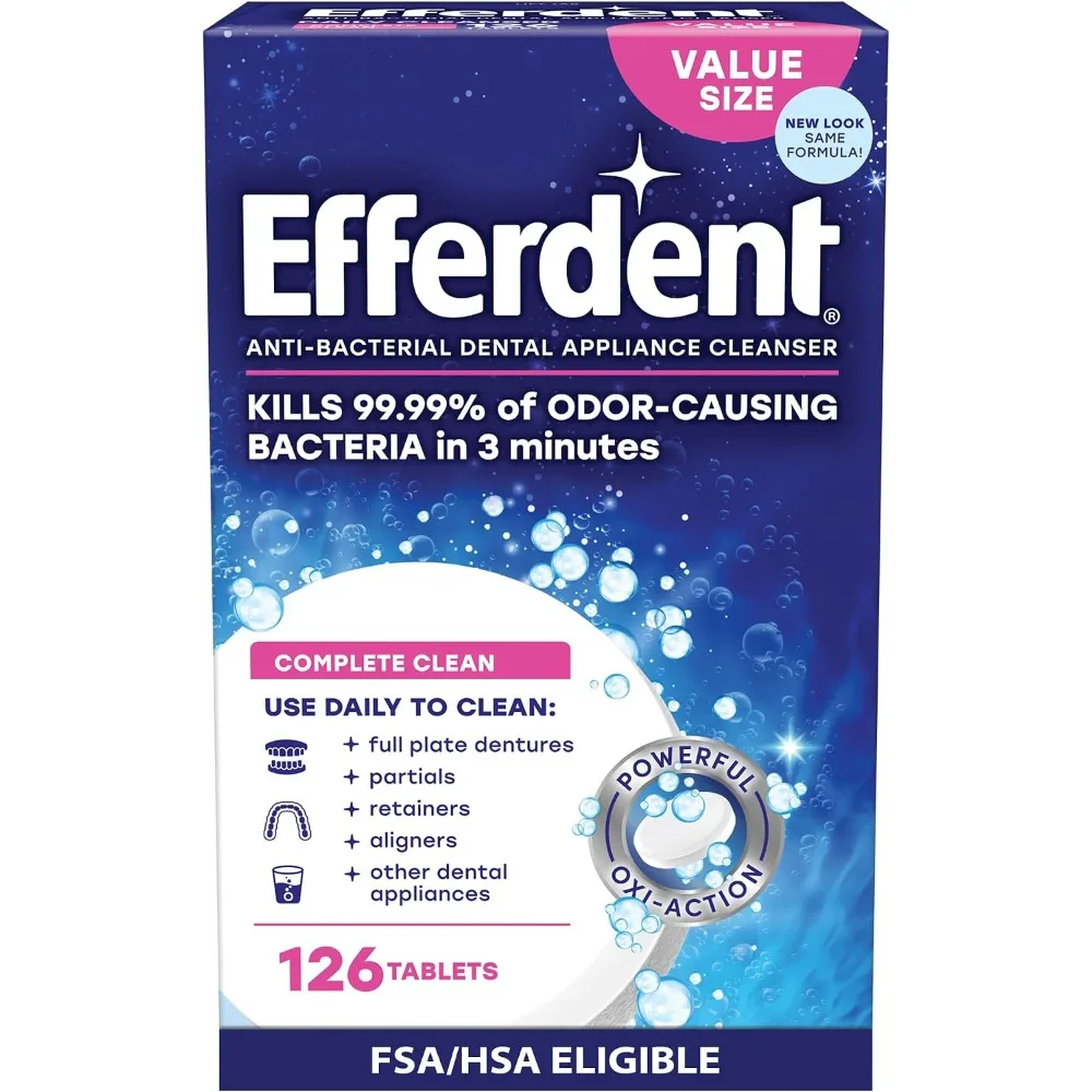 

Denture Cleaner Tablets for Dental Appliances Aligners Mouth Guards Retainers and Night Guards Complete Cleaning Effervescent Tablets 126 Count Fresh Mint Flavor Removes Stains Odor Plaque Tartar Build Up Denture Bath