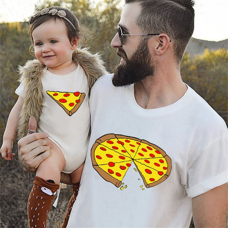 Funny Pizza Print Father Mother Kids T-Shirt Baby Bodysuit Cotton Summer Family Matching Outfits Mom Dad and Me Match Clothes