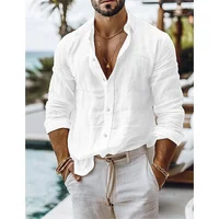 Chemise en lin pour homme, chemise d’été, chemise à boutons en mélange de coton et de lin, chemise décontractée unie pour les vacances, bleu, blanc, noir, rose. 4