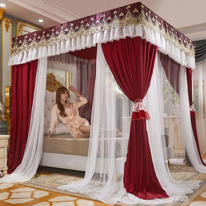 

Luxury Double-deck Romantic White Lace Shading Princess Bed Mantle Princess Style Floor-standing mosquito net Bedroom Decoration