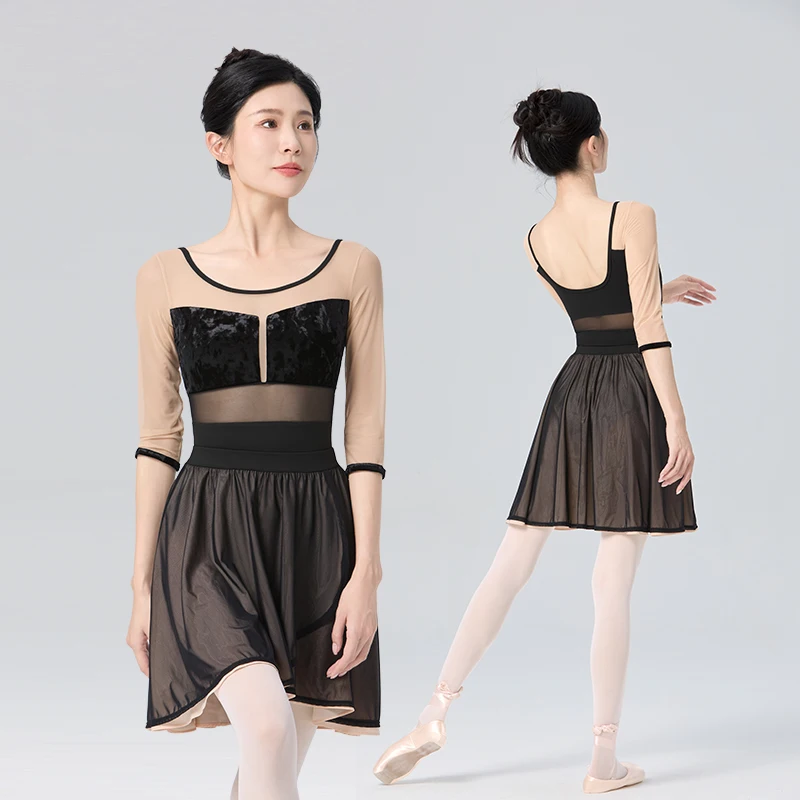 Ballet Leotards for Women Adult Half Sleeve Dance Bodysuits Nylon Mesh Velvet Splice Aerialist Yoga Bodysuits Gymnastics Leotard