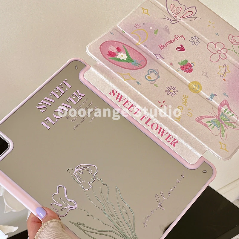Ins Kawaii Butterfly Floral Pink Mirror Cover For iPad Pro 13 11th M5 M4 12.9 A16 10 8 7 9th 10th Air 11 M2 M3 Mini Tablet Case