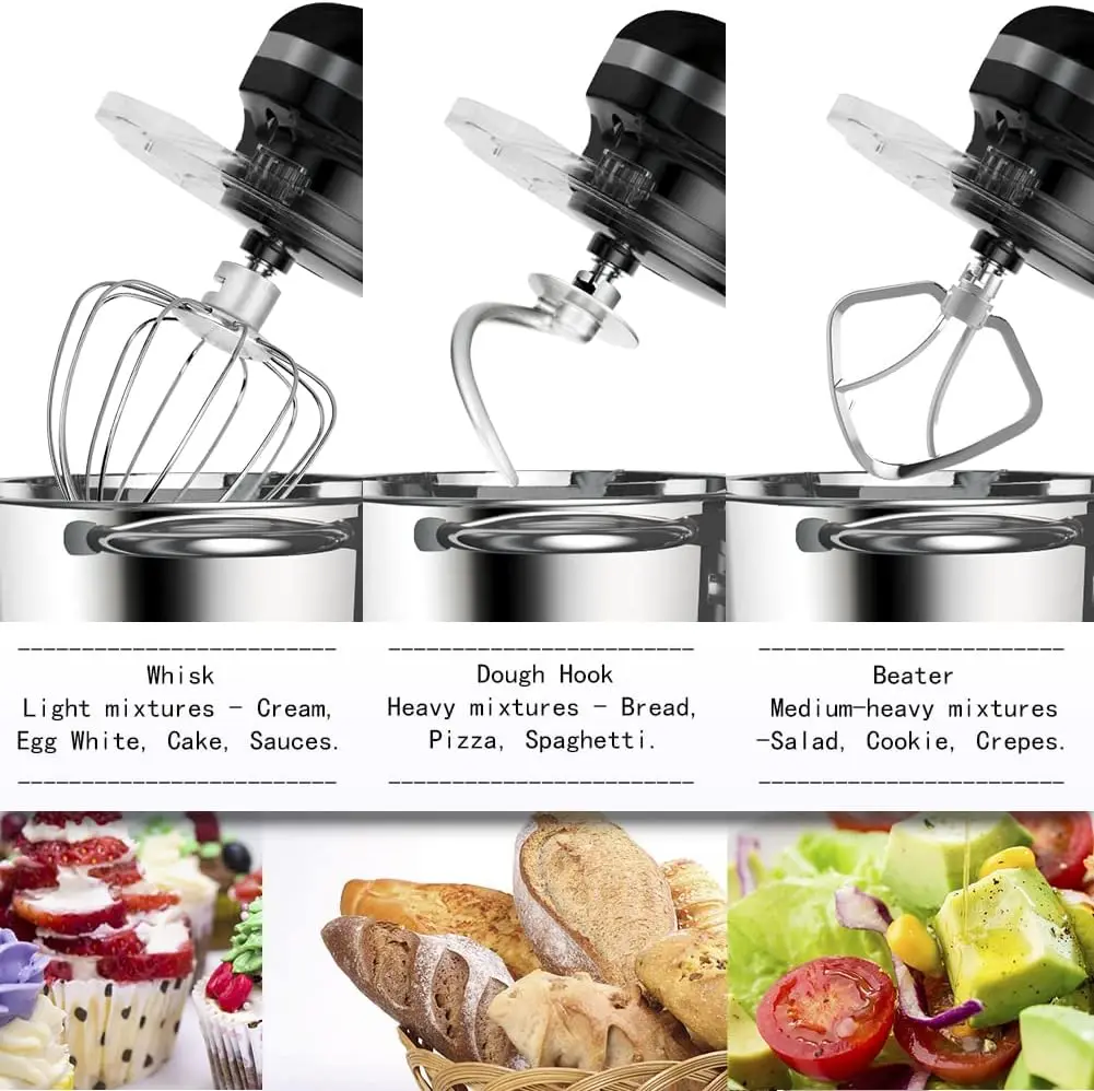 Tilt-Head Stand Food Mixer, Misturador Elétrico Cozinha com Gancho de Massa, Fio Chicote e Batedor, Preto 6.5-6-Speed, 660W