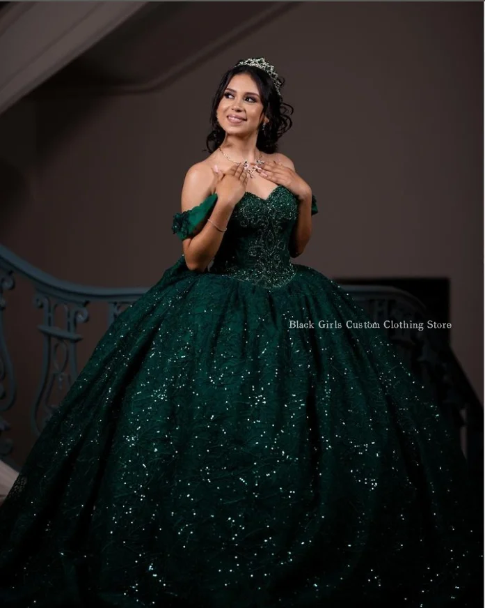 Vestidos de Quinceañera de princesa Esmeralda, exquisitos vestidos de lentejuelas de encaje de un hombro, vestido de graduación mexicano, tren de la catedral de xv