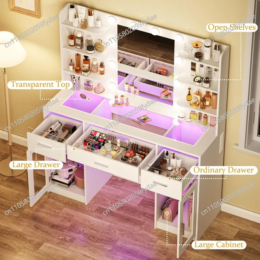 Luxury Makeup Vanity Desk with Illuminated Mirror and 3-Color LED Lights, Transparent Top, 3 RGB Drawers, 6 Storage Shelves, 2 T