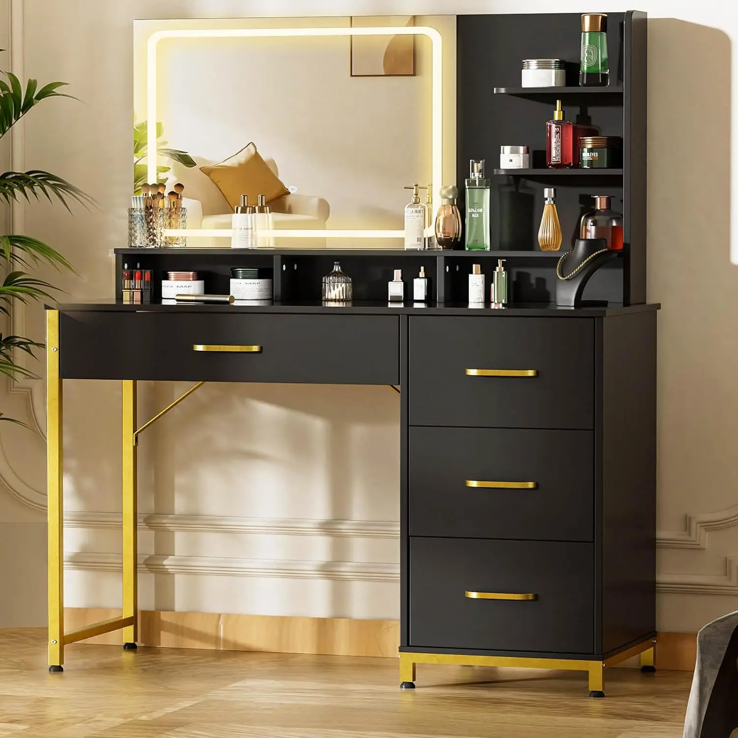 

Vanity Desk with Mirror and Lights, Makeup Vanity Table with 4 Drawers & Storage Shelves, Large HD Mirror, 3 Color Modes