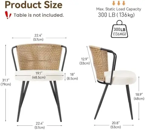 Rattan Dining Chairs Set of 4 - Farmhouse Upholstered PE Rattan Kitchen Chair with Boucle Cushion, Wingback Dining Room