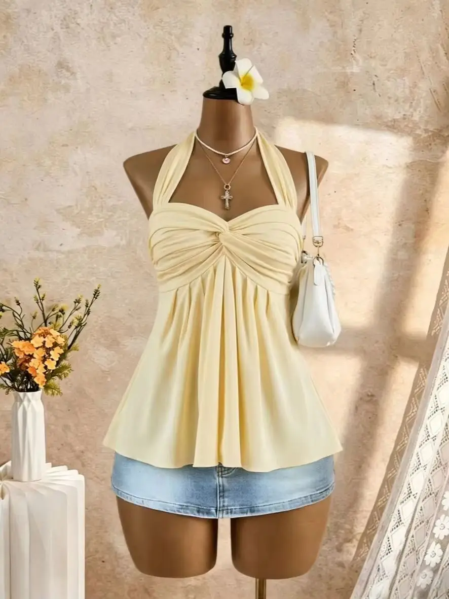 Damen Neckholder-Tanktop mit Twist-Front und Sweetheart-Ausschnitt, ausgestelltes Peplum-Design, Sommer 2026, Y2K, weich, einfarbig, für Strandurlaub, ärmellos – Detail 7