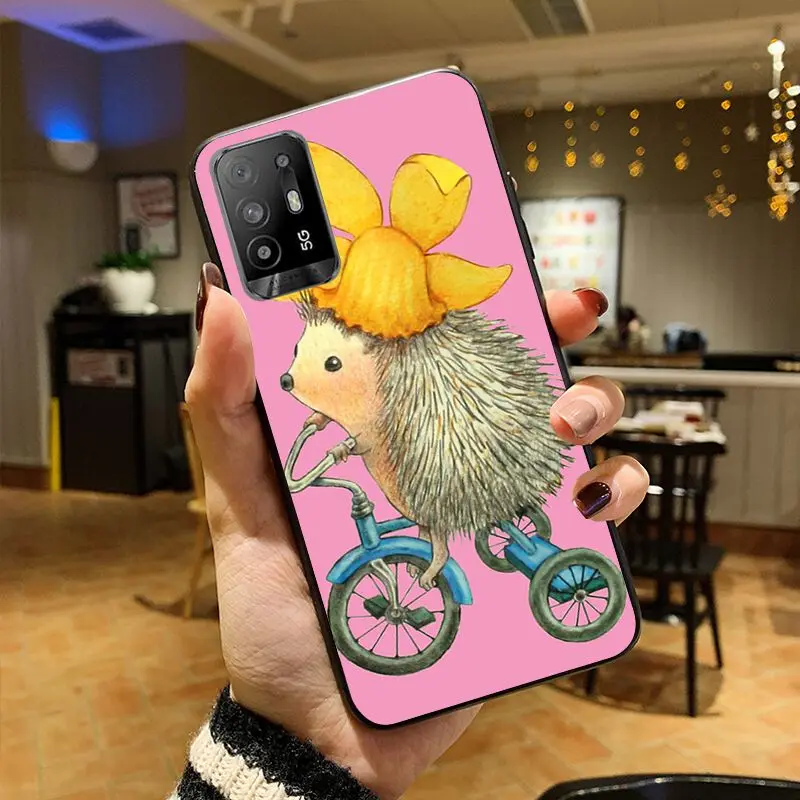 Hedgehog ride a bike Cute in Teacup Animal Art Phone cover For OPPO A74 A78 A94 A98 A54 A72 5G A57 A96 A53S 4G A9 A73 A53 Cases