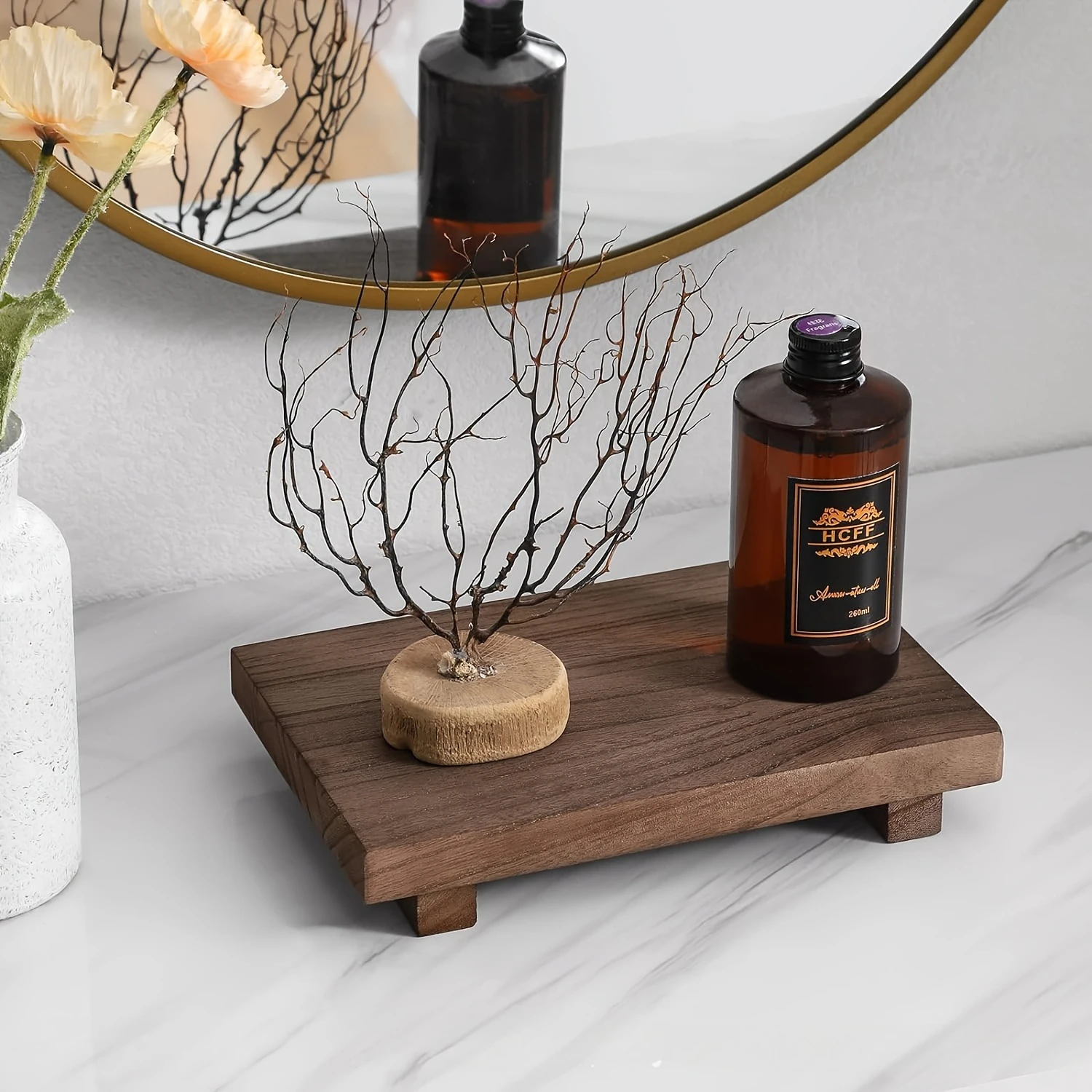 1Pc Wood Tray Pedestal Stand Bathroom Decor Wooden Vanity Hands Soap Scented Candle Storage Holder Tray Kitchen Seasoning Holder