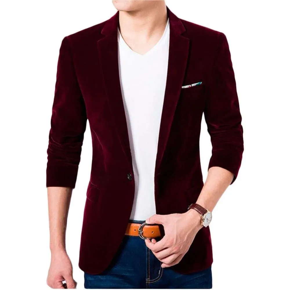 Blazer masculino de veludo azul royal com um botão e lapela de pico, casaco casual slim fit