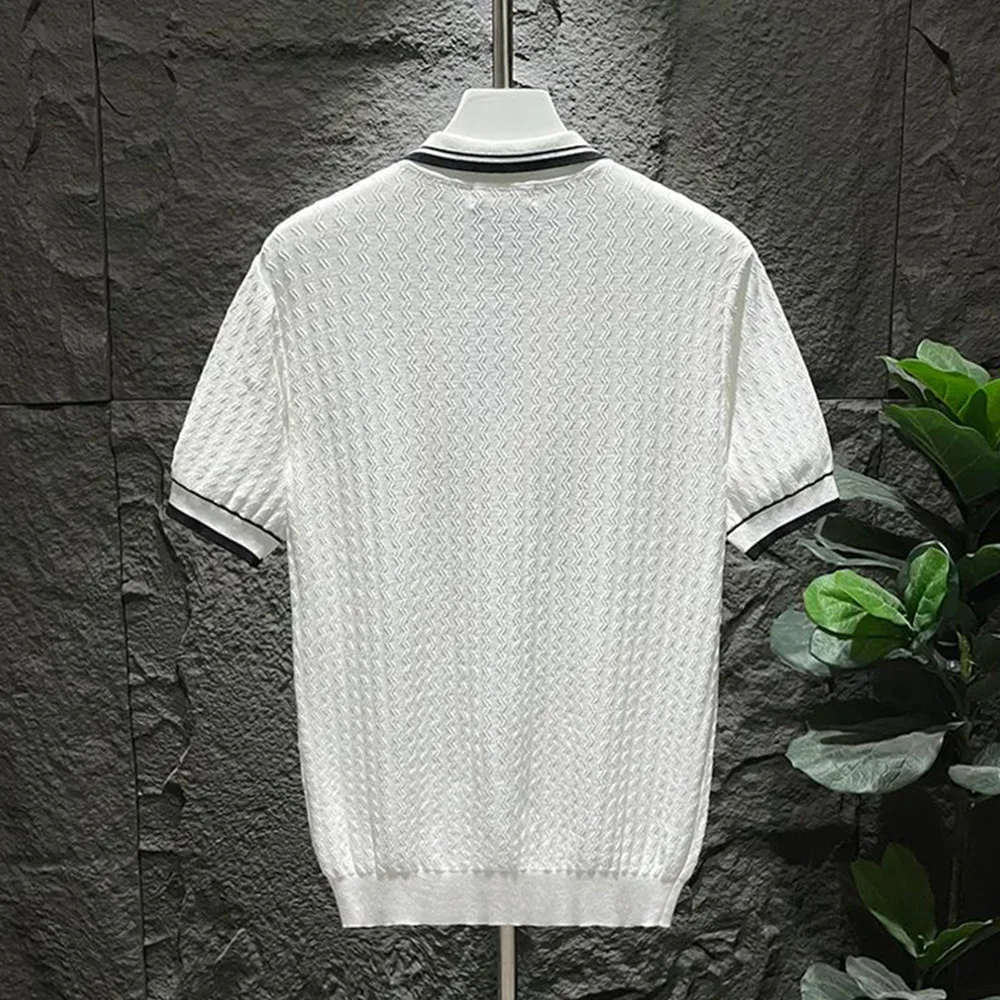 Mens Polo Shirt Summer Ice Silk Solid Classic Retro Texture Veins Short Sleeve Daily T-Shirt Youth Men's Slim Trendy Tops 2024