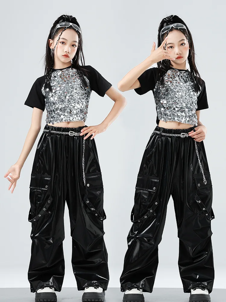 2025 الفتيات ملابس رقص الجاز موضة Kpop المرحلة الزي الترتر المحاصيل القمم الأسود خلط السراويل الهيب هوب زي الشارع الشهير VDL4586 #5