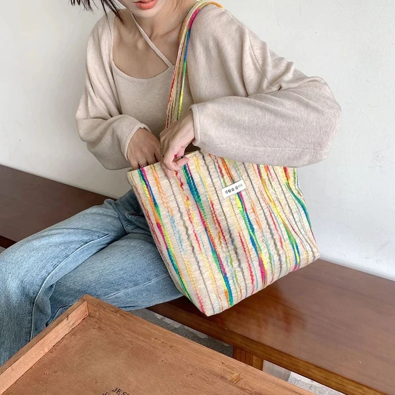 JIOMAY Handbags for Women 2024 Designer Beach Bag Casual with Buckle Cute Tote Bags Stripes Shopper Rainbow Canvas Shoulder Bag