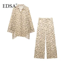 EDSA Women Fashion Semi-sheer Pants Set 2 Pcs for Female Collared Shirt & High Waist Long Trousers for Office Lady Streetwear