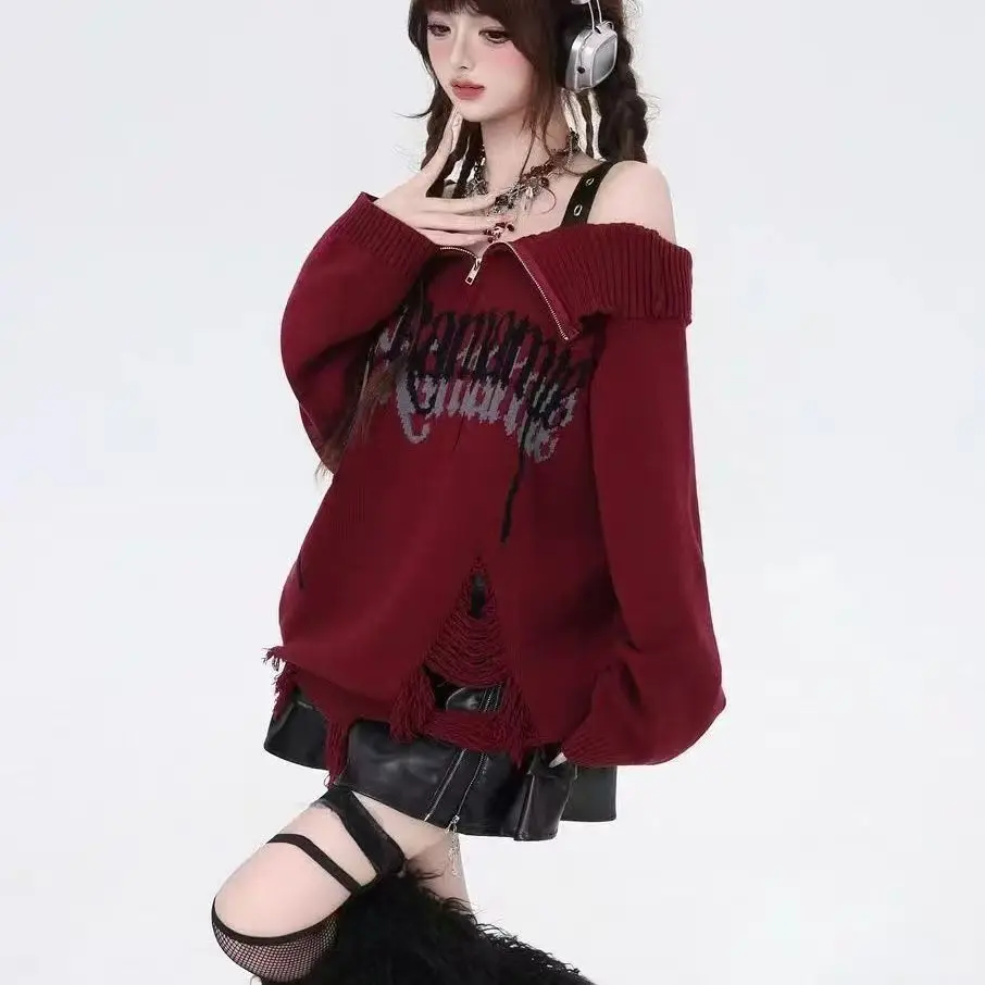 Y2k Aesthetics Loose Off Shoulder Knitted Pullover Women Subculture Autumn Winter Long Sleeves Pullovers Harajuku Gothic Jum
