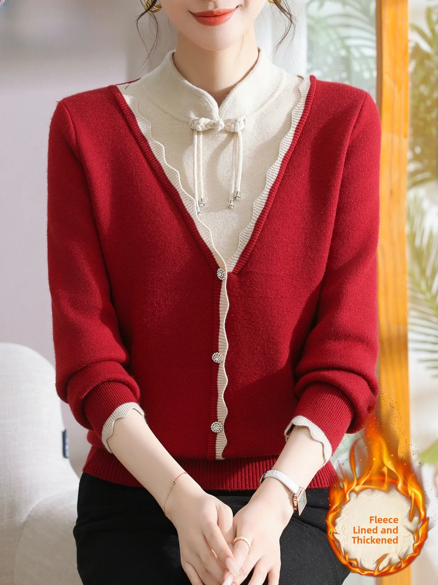 

Модная вязаная базовая кофта для женщин среднего возраста, осенняя одежда для свадебных банкетов, теплая, из полиэфирного волокна, с V-образным вырезом, одинарная.