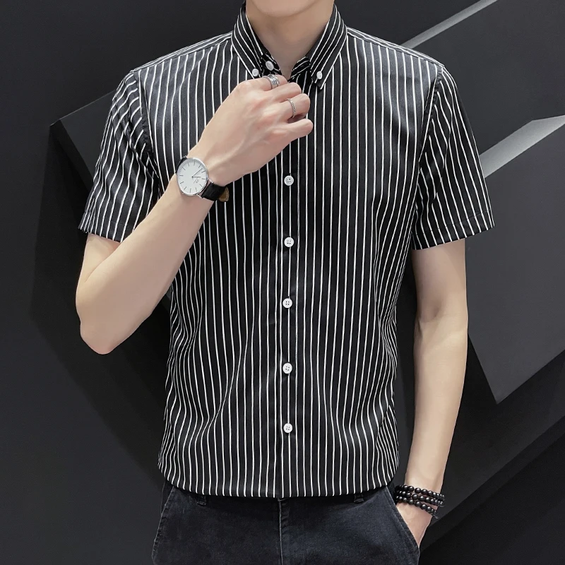 

2023 Summer New Fashion Men's Striped Shirt Men's Short Sleeve Thin Korean Slim Slim Shirt