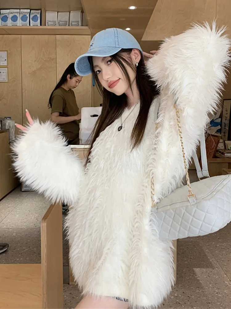 

Sweet Warm Mink Fur White Pullover Coat Jackets Women Tops V-neck Casual Oversize 2024 Autumn Winter