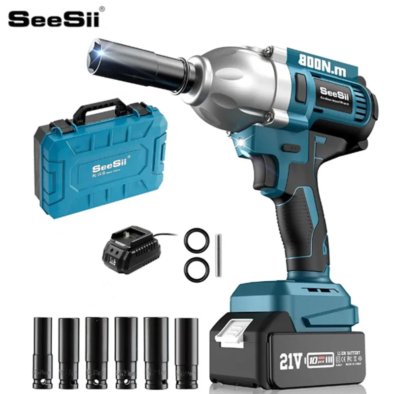

Seesii WH710 Аккумуляторный ударный гайковерт 800 Нм Бесщеточный электрический ключ Зарядное устройство для пистолета с высоким крутящим моментом и 6 розеток Наборы электроинструментов для автомобиля