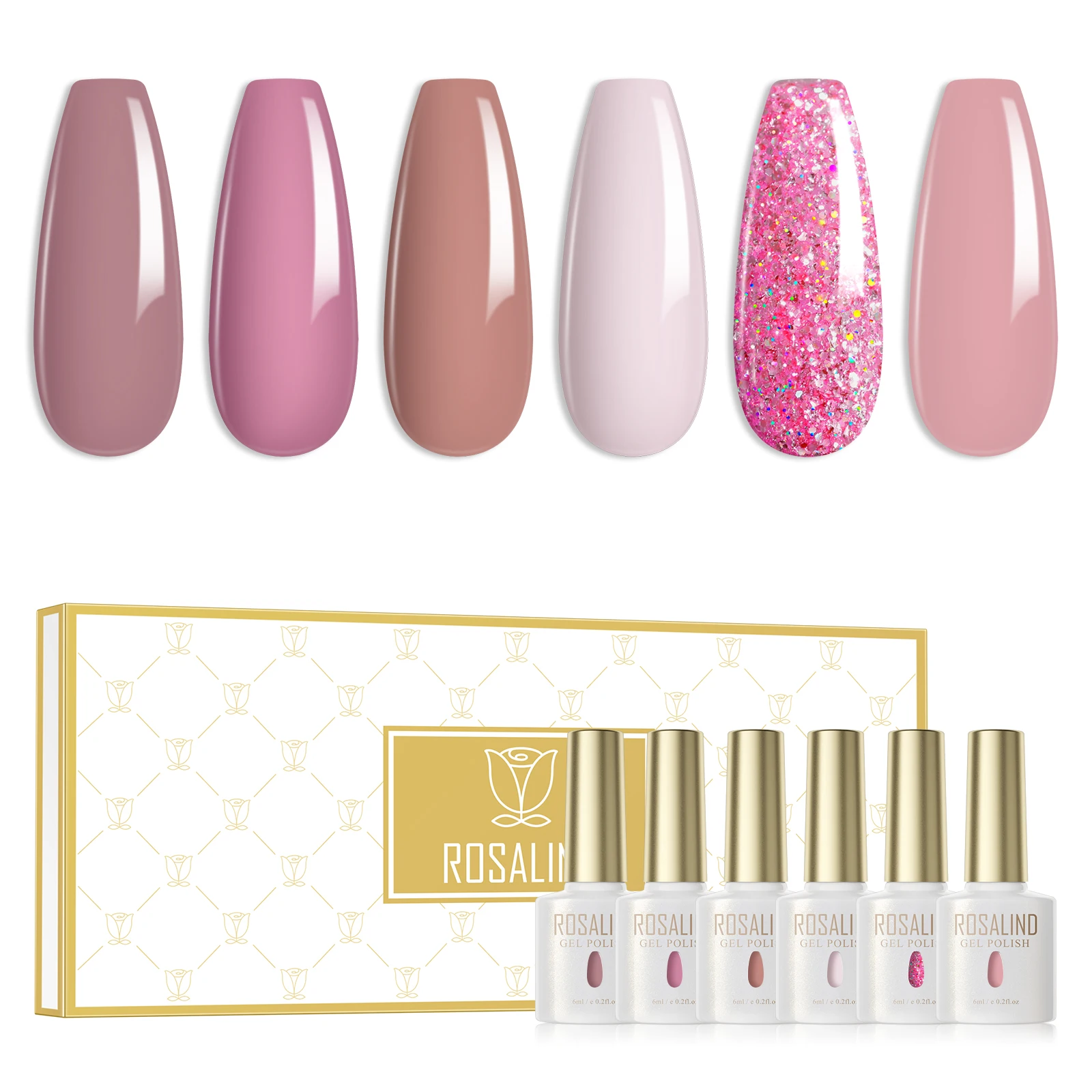 ROSALIND Smalto per unghie rosa Set da 6 pezzi Lampada UV Vernici semipermanenti Soak Off Matt Top Coat Effetto per Nail Art Design Nail Gel
