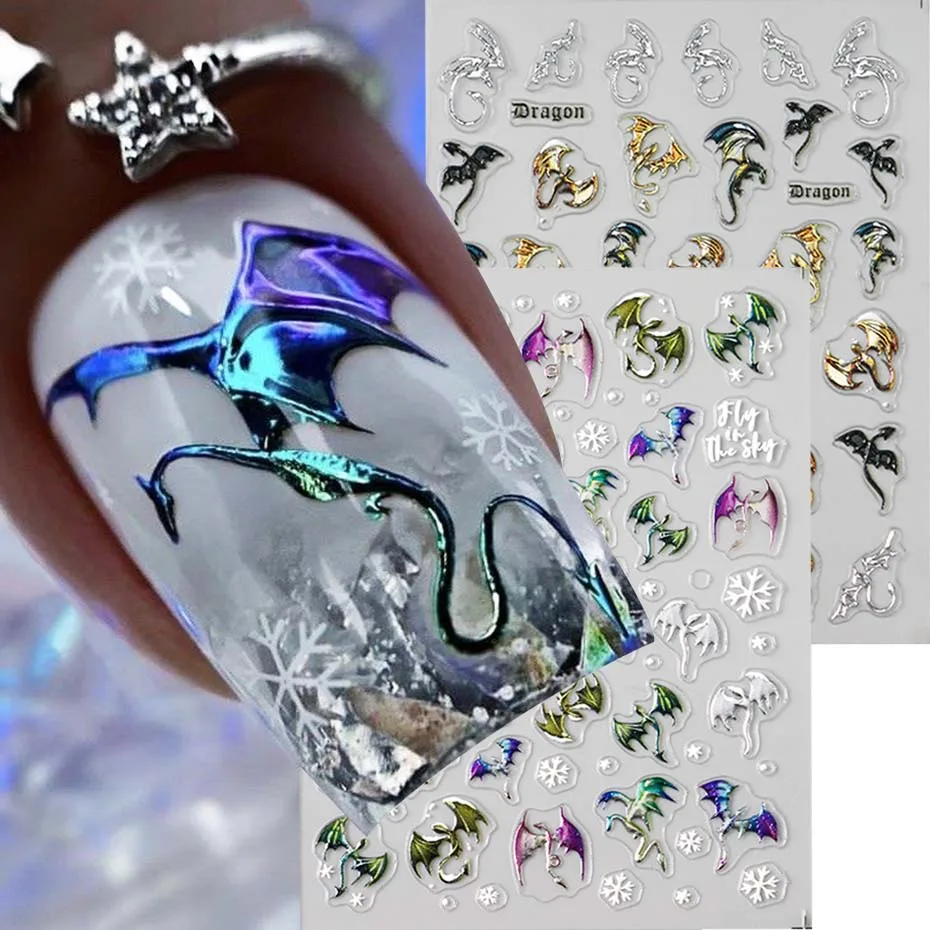 

1/2pcs 5D Embossed Metallic Colorful Dragon Nail Stickers Snowflakes Self-Adhesive DIY Nail Decals Sliders Manicure Decorations nail sticker foil nail art