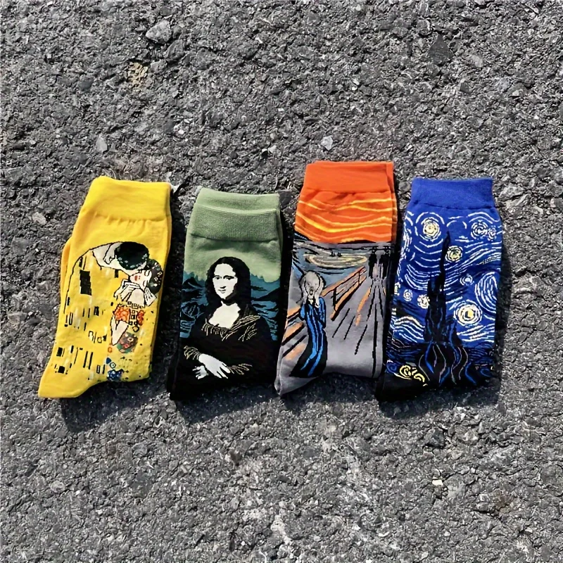 4 Pairs Men'S Famous Paintings Crew Socks - Mona Lisa, Starry Night, The Scream, Portrait