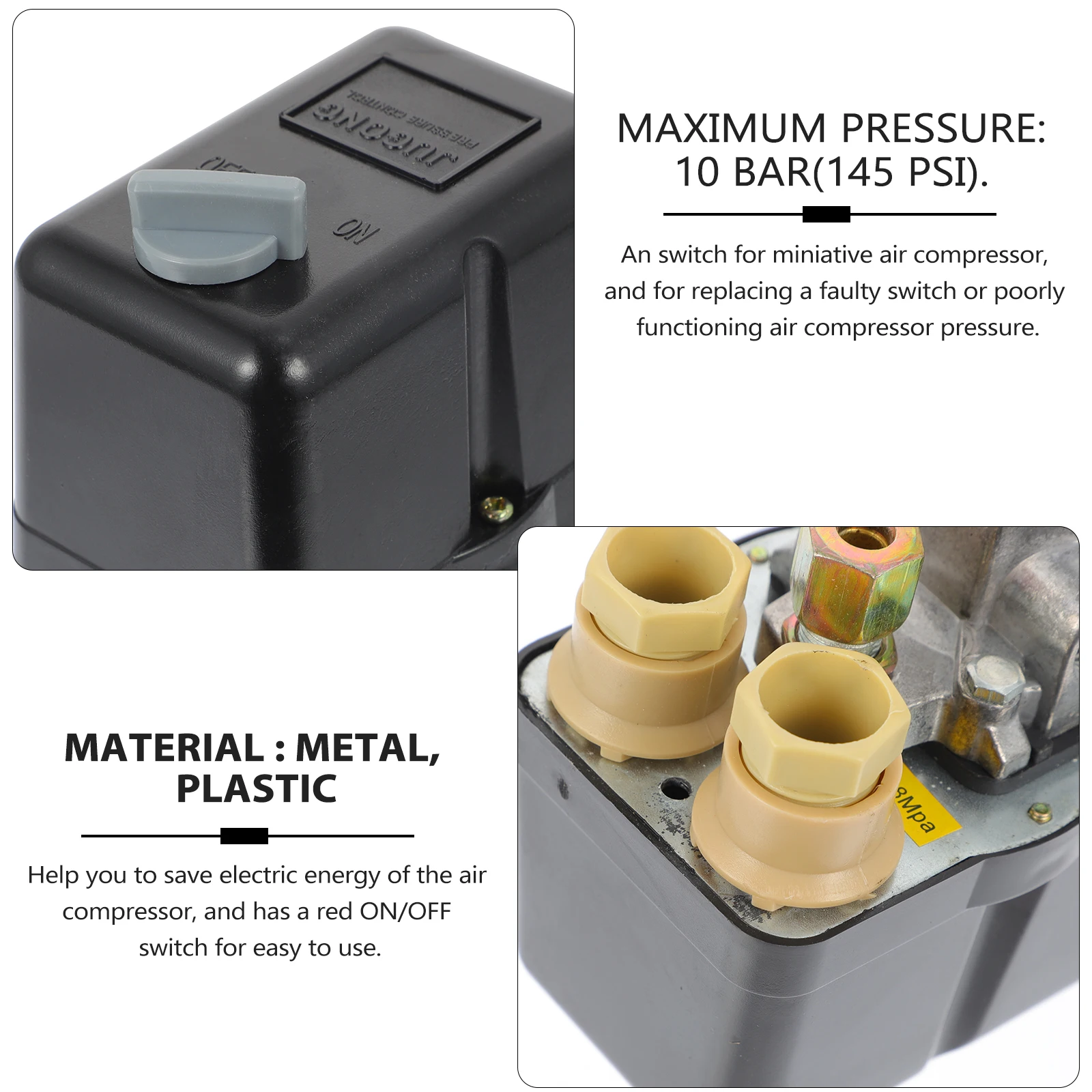 

4 Port 220V 20A 10 Psi Air Compressor Pressure Control Valve Switch Replacement Energy Saving Red On/Off Black Metal